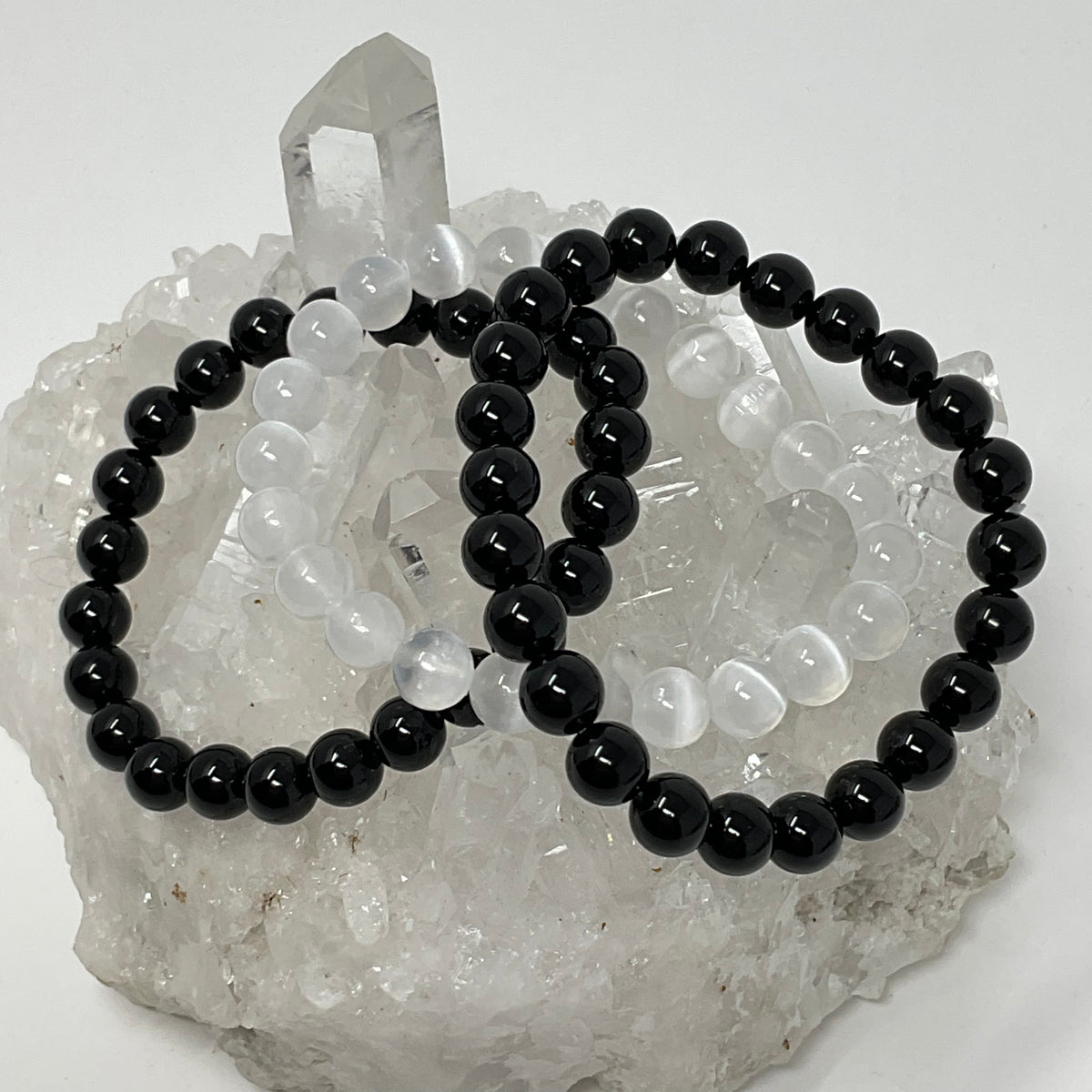 Selenite & Black Tourmaline 8mm 3-Piece Round Bracelet Set