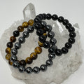 The Yellow Tiger Eye Triple Protection Set: 10MM Yellow Tiger's Eye, Hematite & Black Tourmaline 3-Piece Round Bracelet Set - WorldWideMinerals-beads