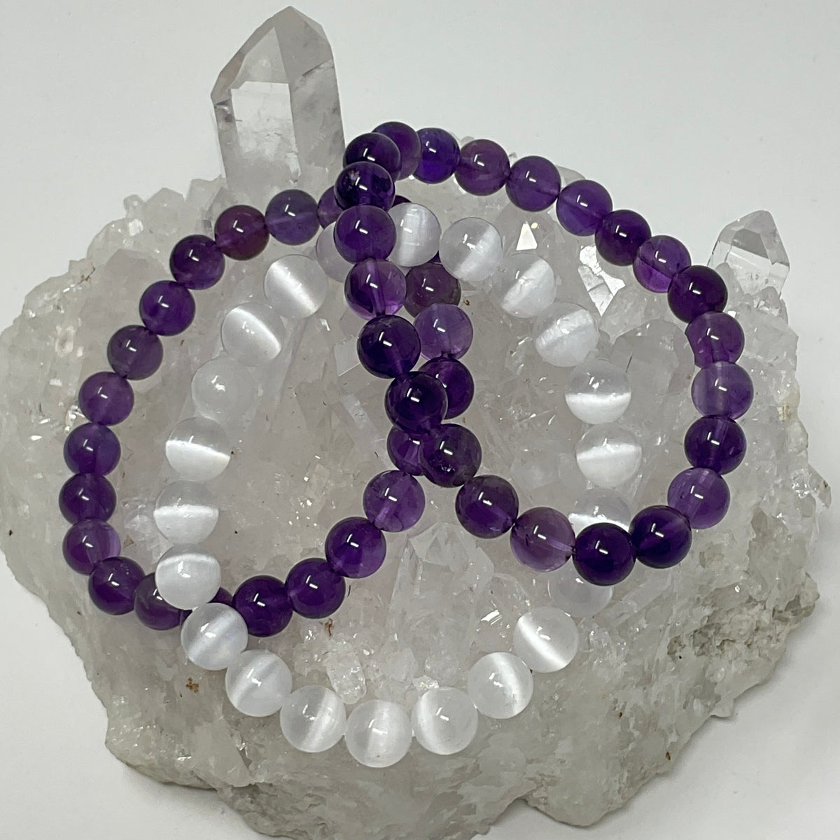 Selenite & Amethyst 8mm 3-Piece Round Bracelet Set