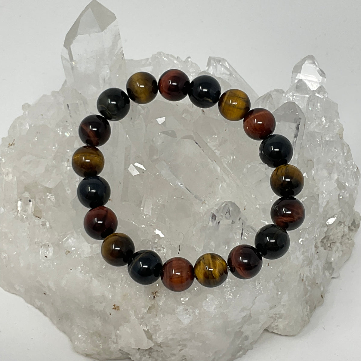 Best Of All World Tiger Eye Set: 10mm Yellow, Red, Blue & Multi-Color Tiger Eye 10mm 4-Piece Round Bracelet Set