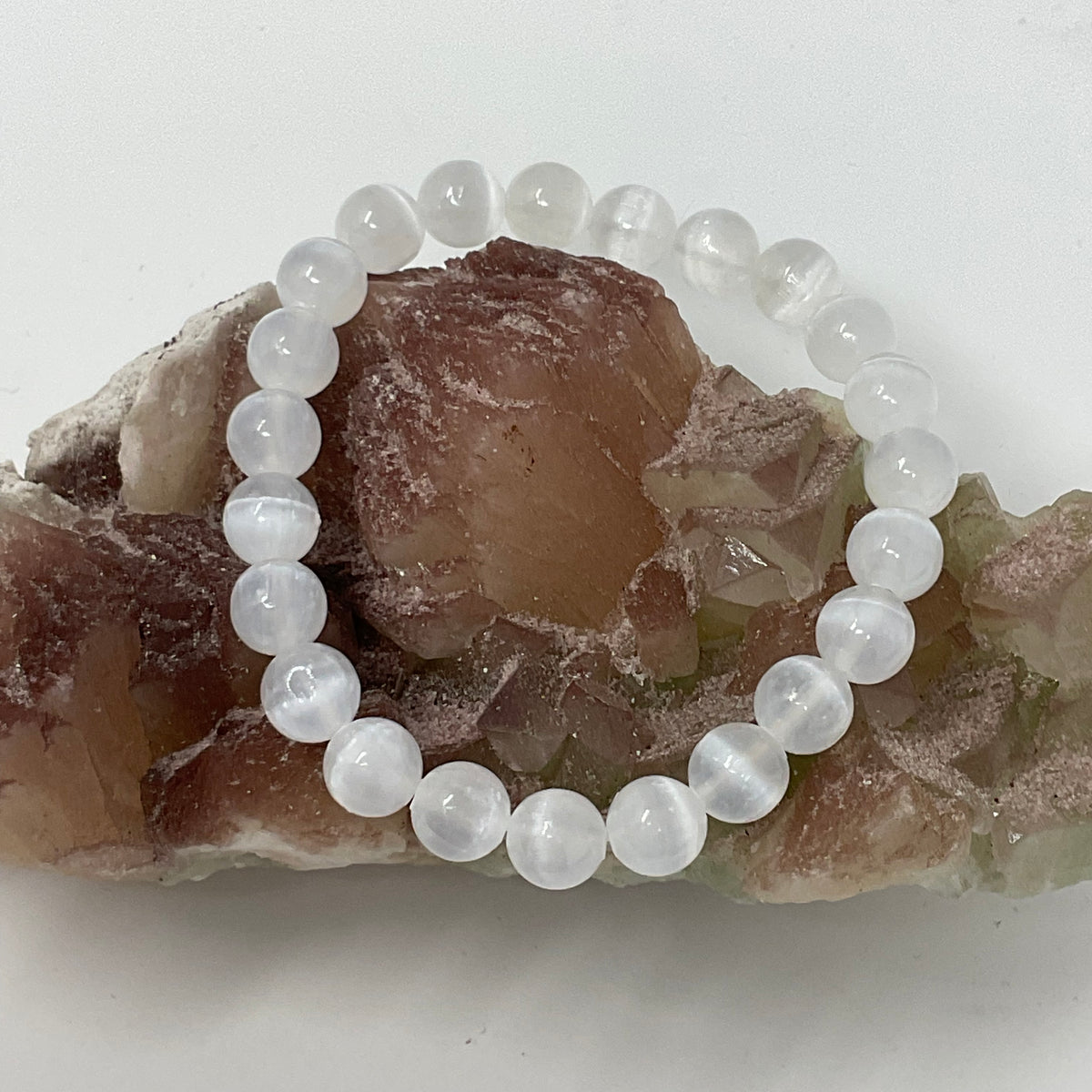 Selenite & Rose Quartz 8mm 3-Piece Round Bracelet Set