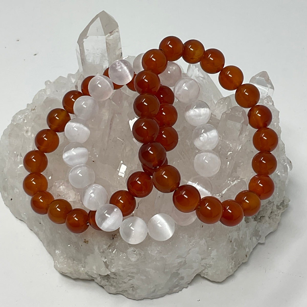 Selenite & Carnelian 10mm 3-Piece Round Bracelet Set