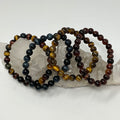 Best Of All World Tiger Eye Set: 8mm Yellow, Red, Blue & Multi-Colored Tiger Eye 4-Piece Round Bracelet Set - WorldWideMinerals-beads