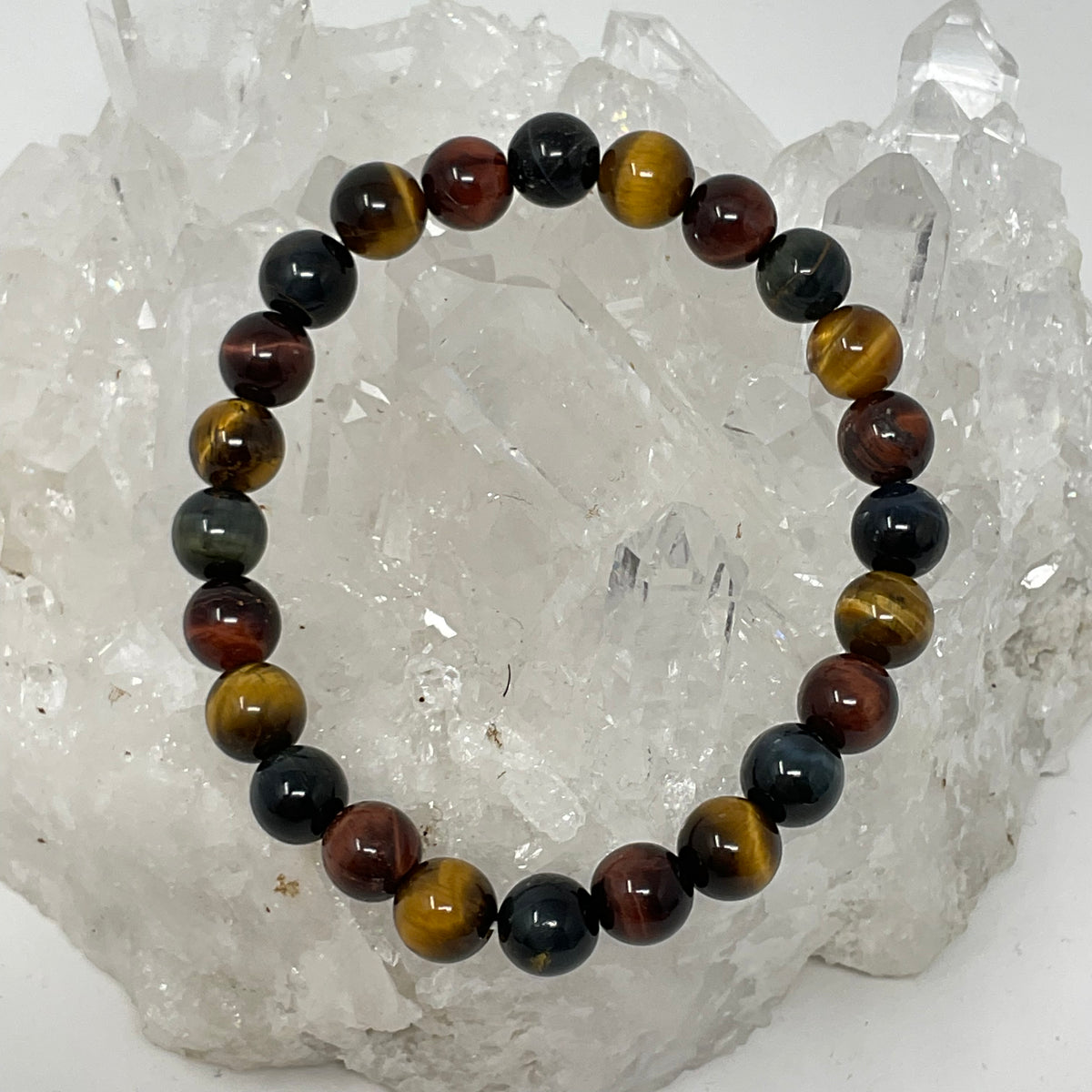 Best Of All World Tiger Eye Set: 8mm Yellow, Red, Blue & Multi-Colored Tiger Eye 4-Piece Round Bracelet Set