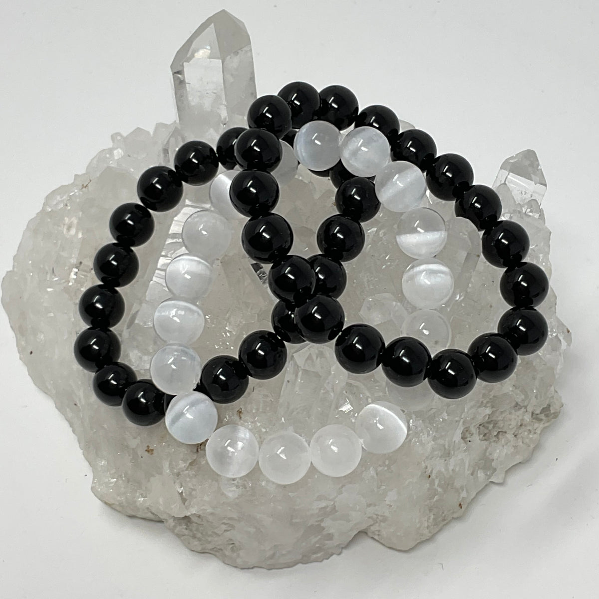 Selenite & Black Tourmaline 10mm 3-Piece Round Bracelet Set