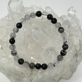 Black rutilated and tourmalinated quartz 7mm-8mm round bracelet set with two pieces, featuring polished gemstone beads.